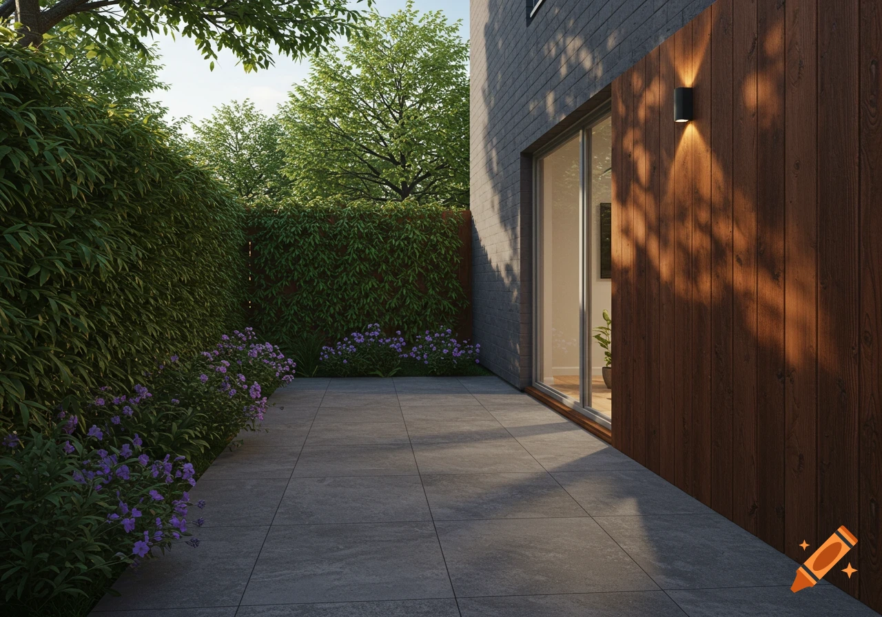 Photorealistic image of a modern outdoor patio with gray tiles, green hedges, purple flowers, and a building with wood and brick walls.