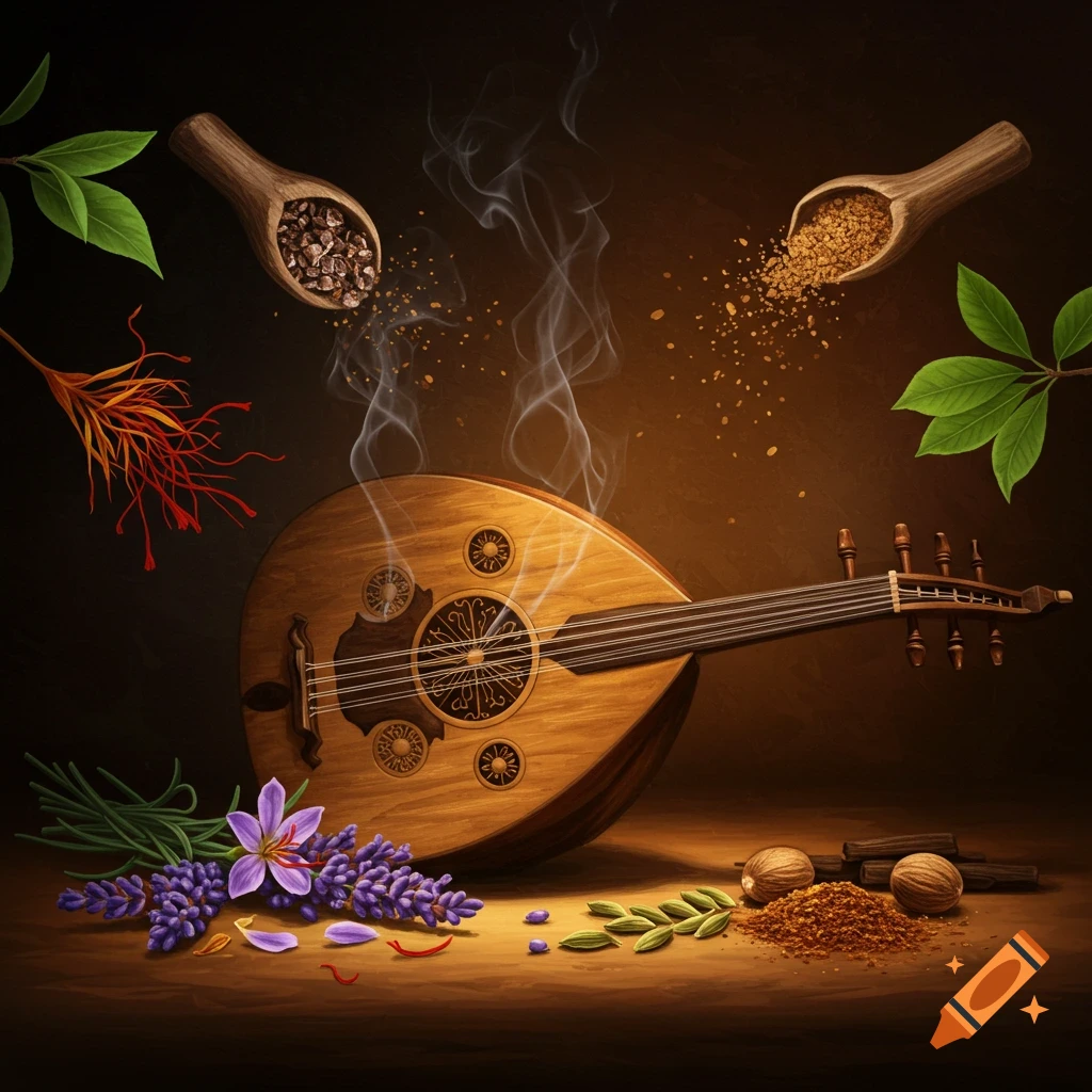 A photorealistic still life featuring an oud surrounded by lavender, saffron, green leaves, nutmeg, and spilling spices, with smoke rising.