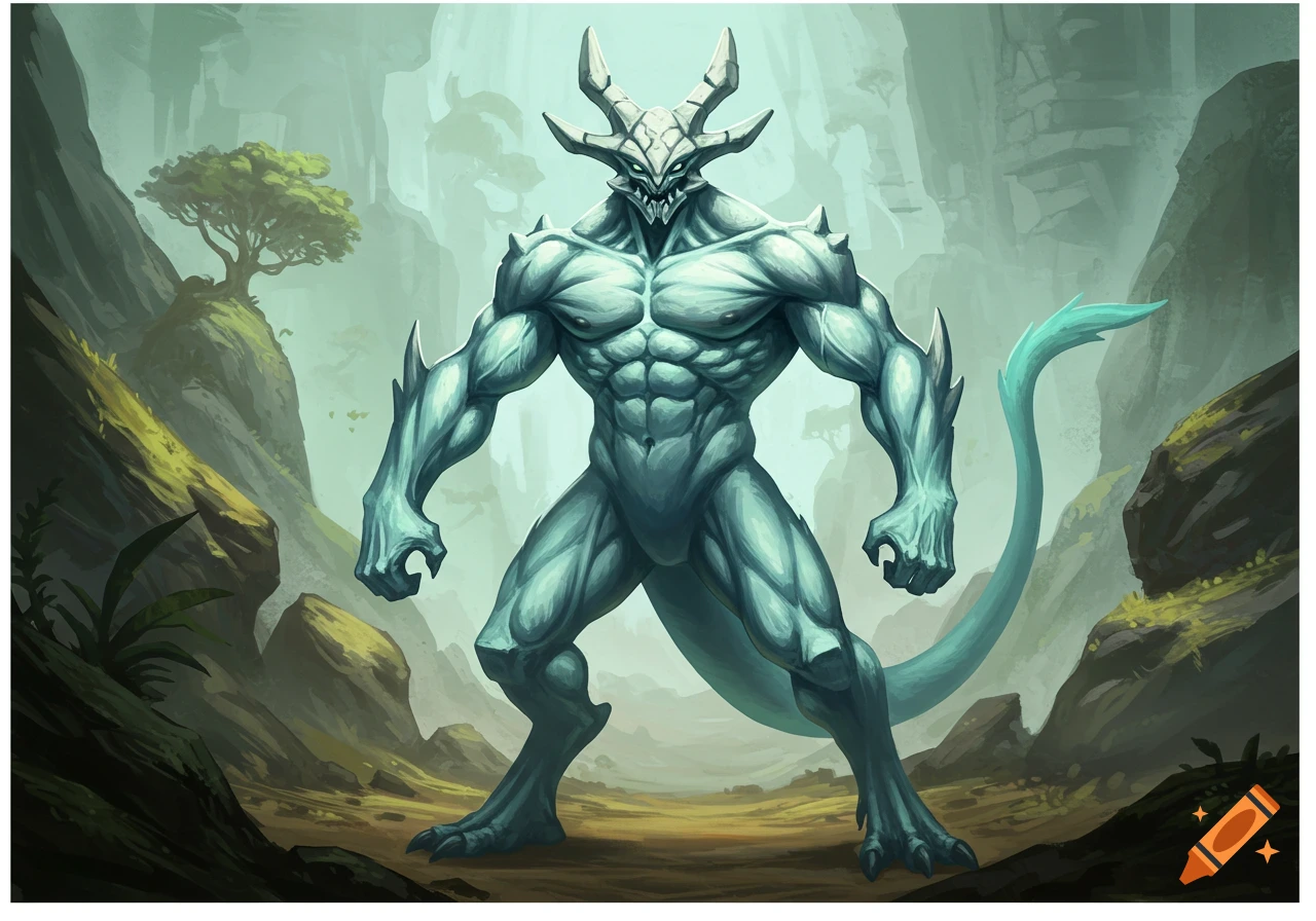 A muscular, pale blue horned creature with a spiky body and tail stands in a lush, rocky, green landscape.
