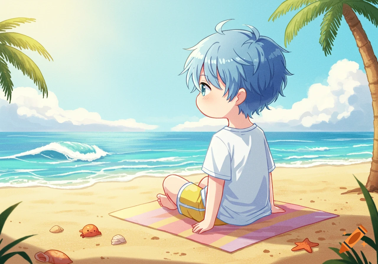 A cute anime boy with blue hair sits on a striped blanket on a sunny beach, looking out at the turquoise ocean waves.