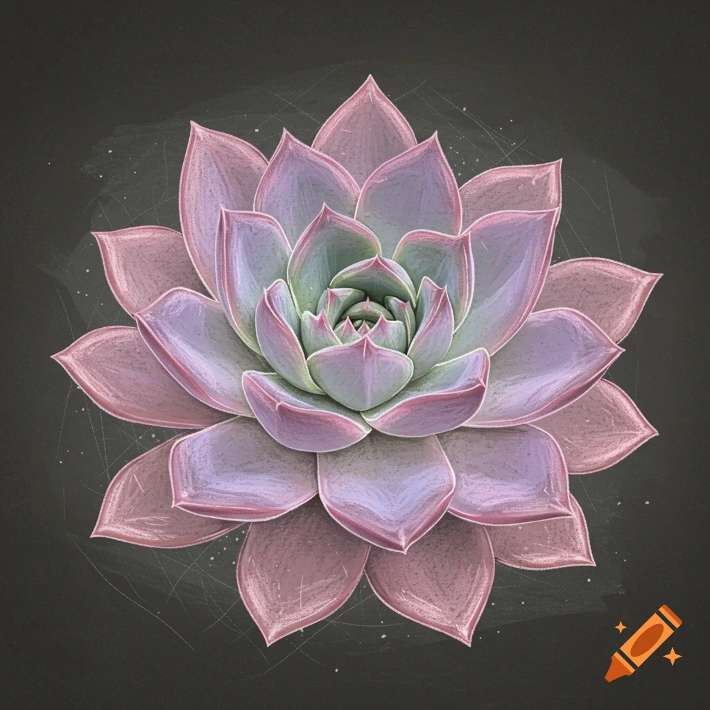 A purple and green Echeveria succulent rendered in a chalk drawing style on a dark, chalkboard-like background with faint chalk dust.