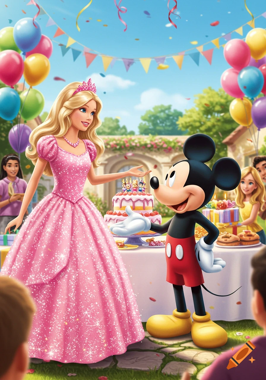 Barbie in a pink dress and Mickey Mouse at a colorful outdoor birthday party with balloons, a cake, and presents.