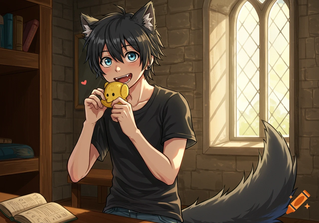 Anime wolf boy with blue eyes chewing a yellow toy in a medieval dorm room.