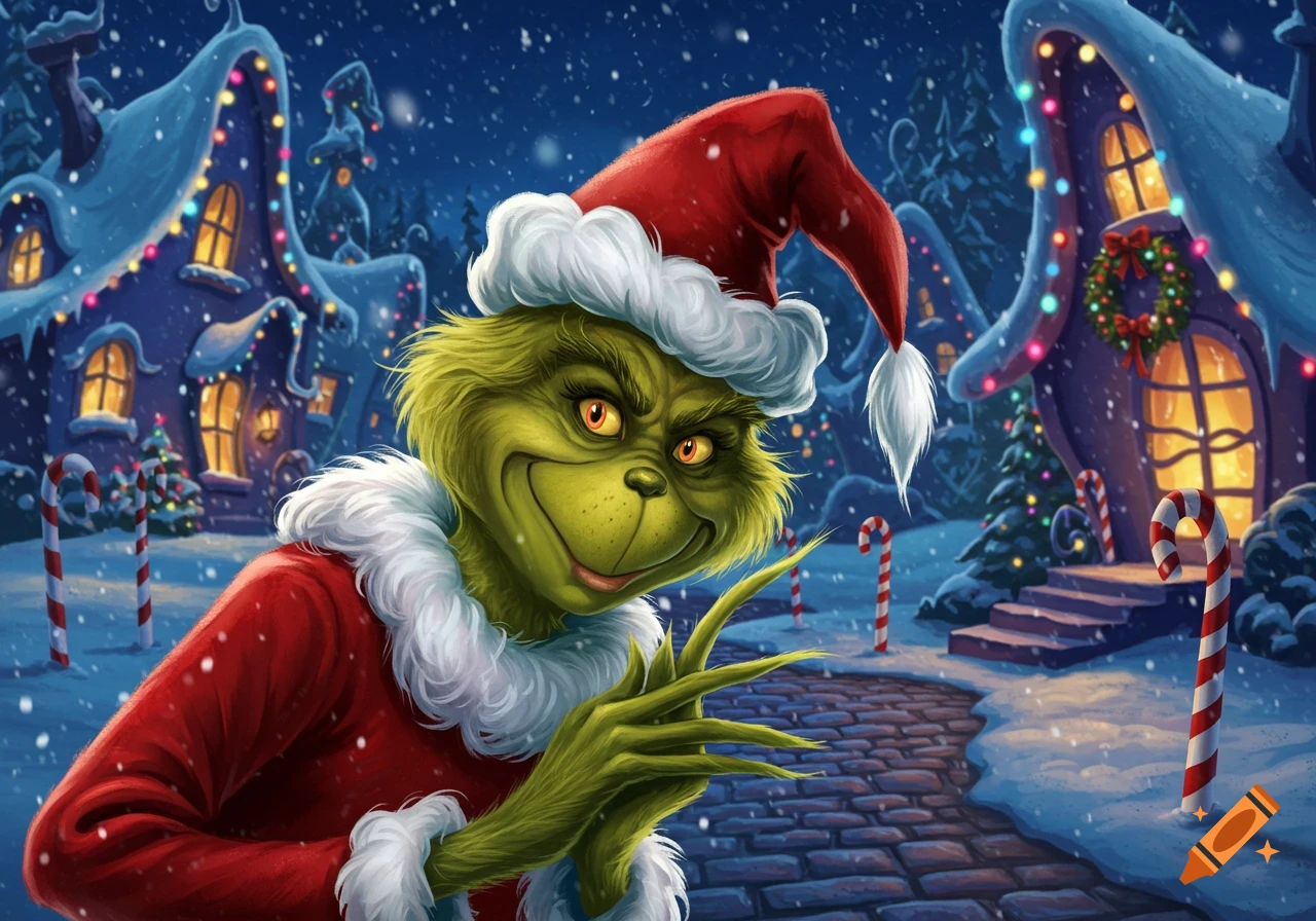 The Grinch in a Santa suit smiles menacingly in a snowy Whoville village at night with colorful lights.