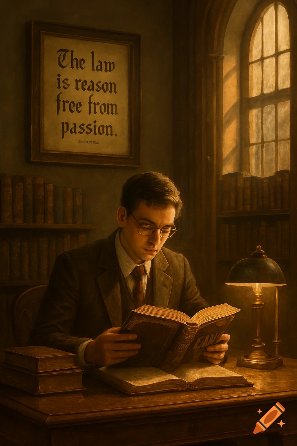 A man in glasses reads a large book at a desk in a dimly lit library, with a framed quote on the wall.
