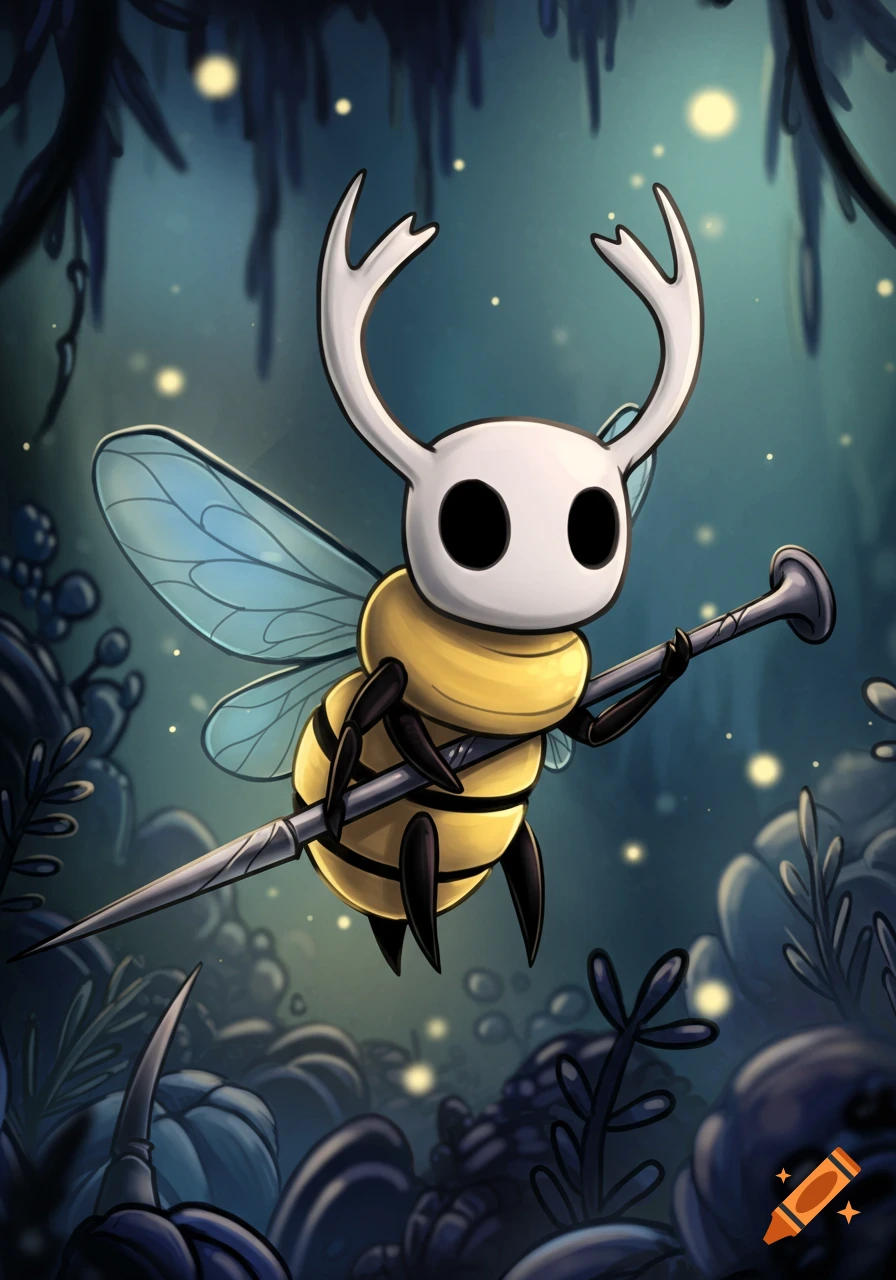 A cartoon bee character from Hollow Knight, with a white mask and antennae, holds a nail weapon in a dark forest setting with glowing elements.