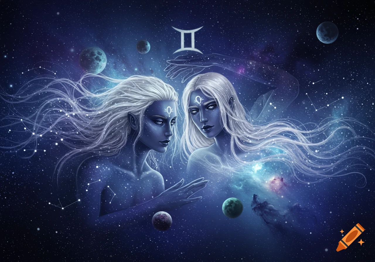 Two ethereal blue-skinned figures with white hair in a starry cosmic background with planets and the Gemini symbol.