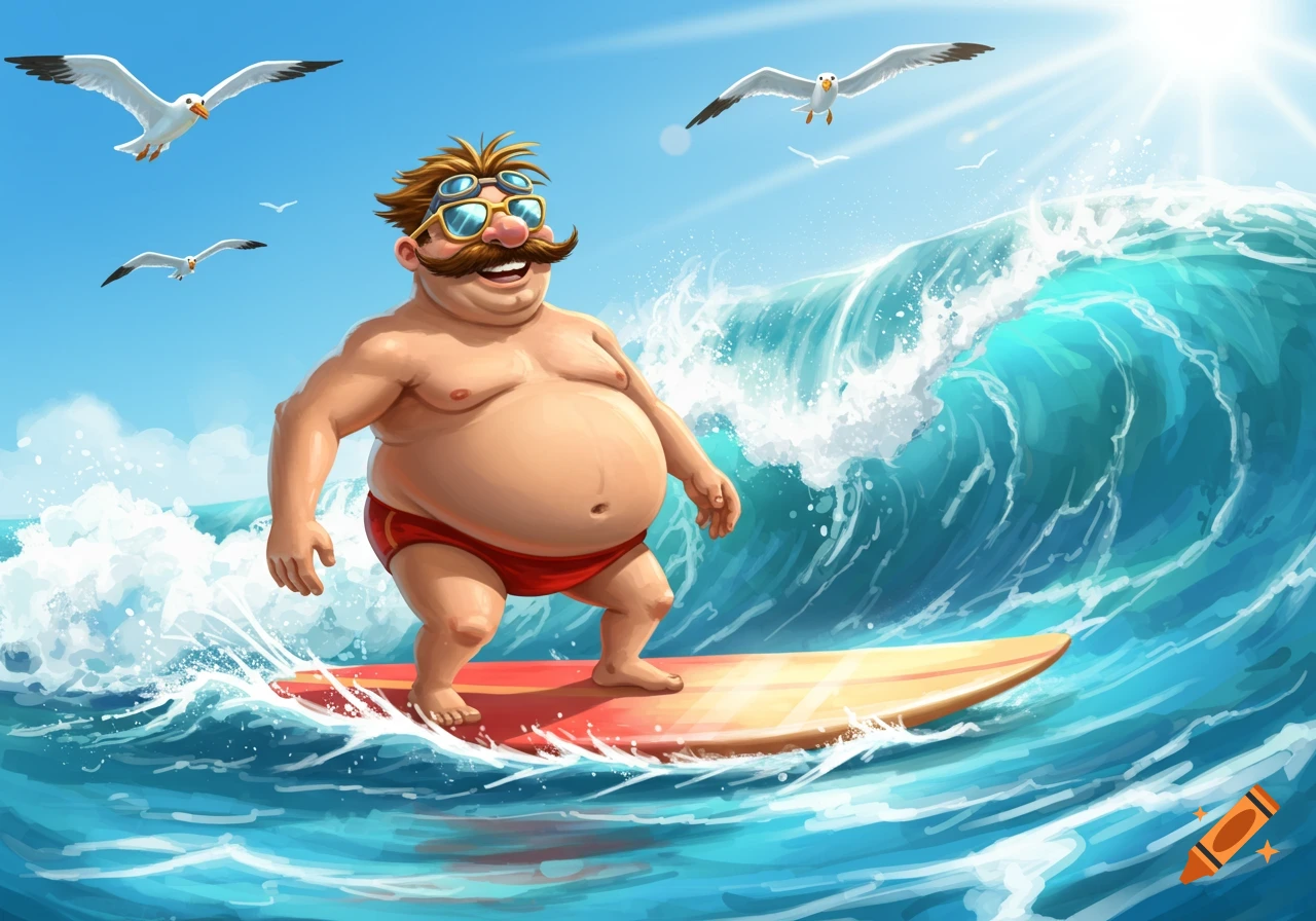 Cartoon man with mustache and potbelly in red speedo and sunglasses surfing a large blue wave under a sunny sky with seagulls.