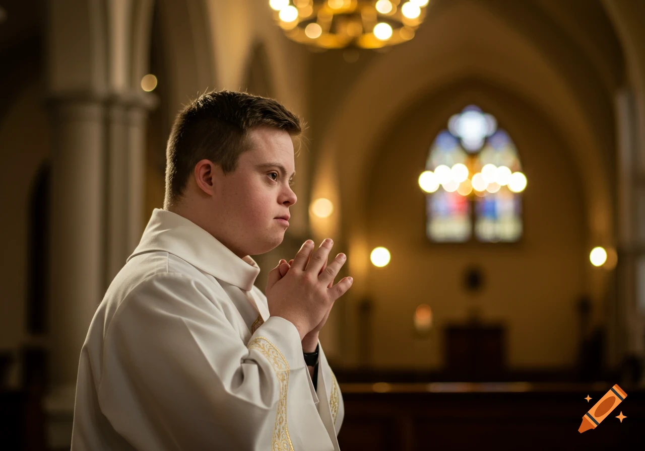 A young man with Down syndrome, wearing a white robe, with hands clasped in prayer inside a church.