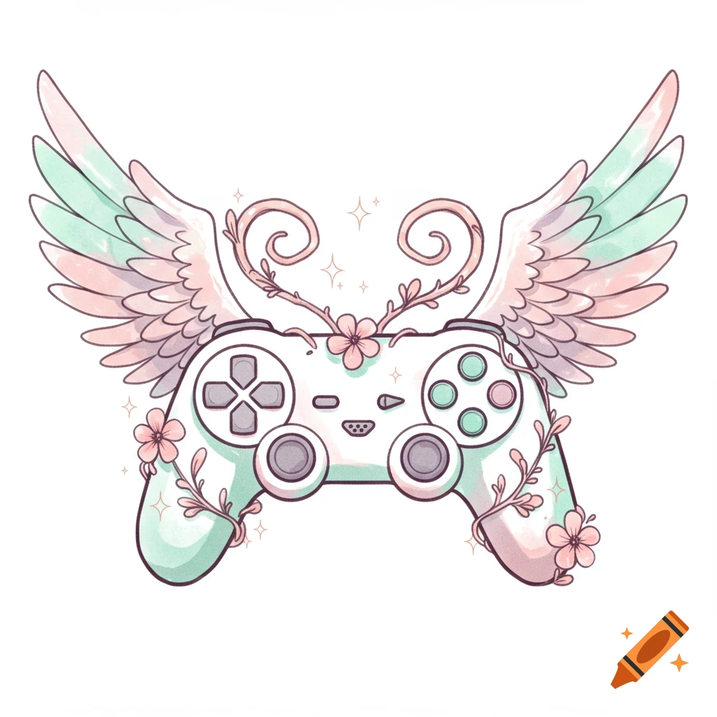 A whimsical, pastel-colored video game controller with feathered wings, flowers, and sparkling accents, drawn in a cute illustration style.