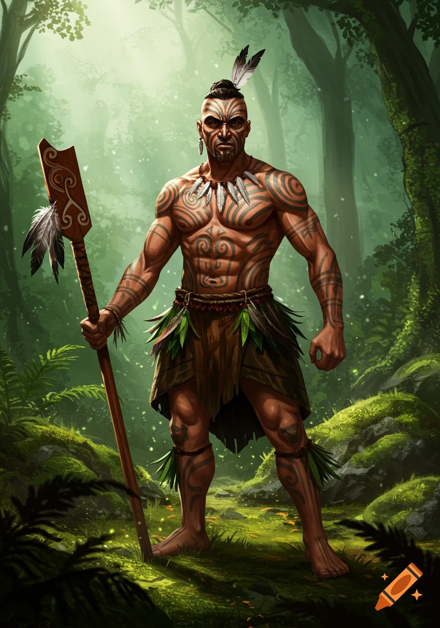 A strong Maori warrior with traditional tattoos and a feather headdress, holding a carved paddle, stands in a mystical forest.