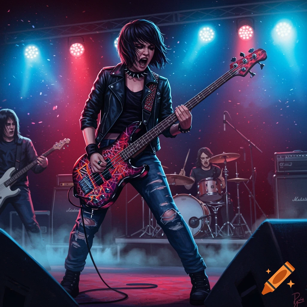 A bassist with a punk rock look plays on stage with bandmates under red and blue lights.