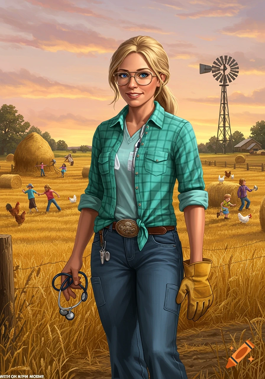 A blonde woman in a plaid shirt and jeans holds a stethoscope in a sunny farm field with a windmill and children playing, in an illustrative style.