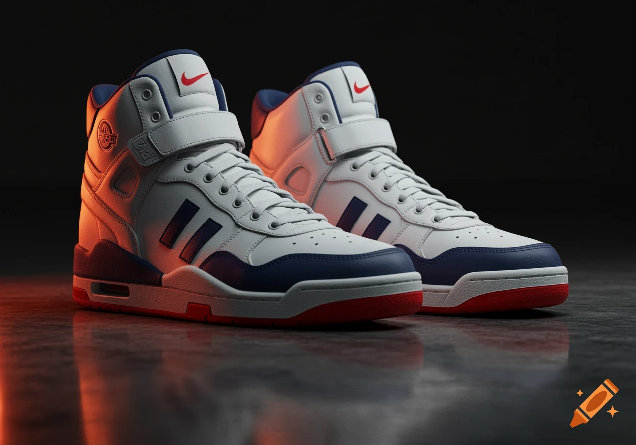 A pair of white, blue, and red high-top sneakers with a Nike swoosh and three stripes, posed on a reflective dark surface.