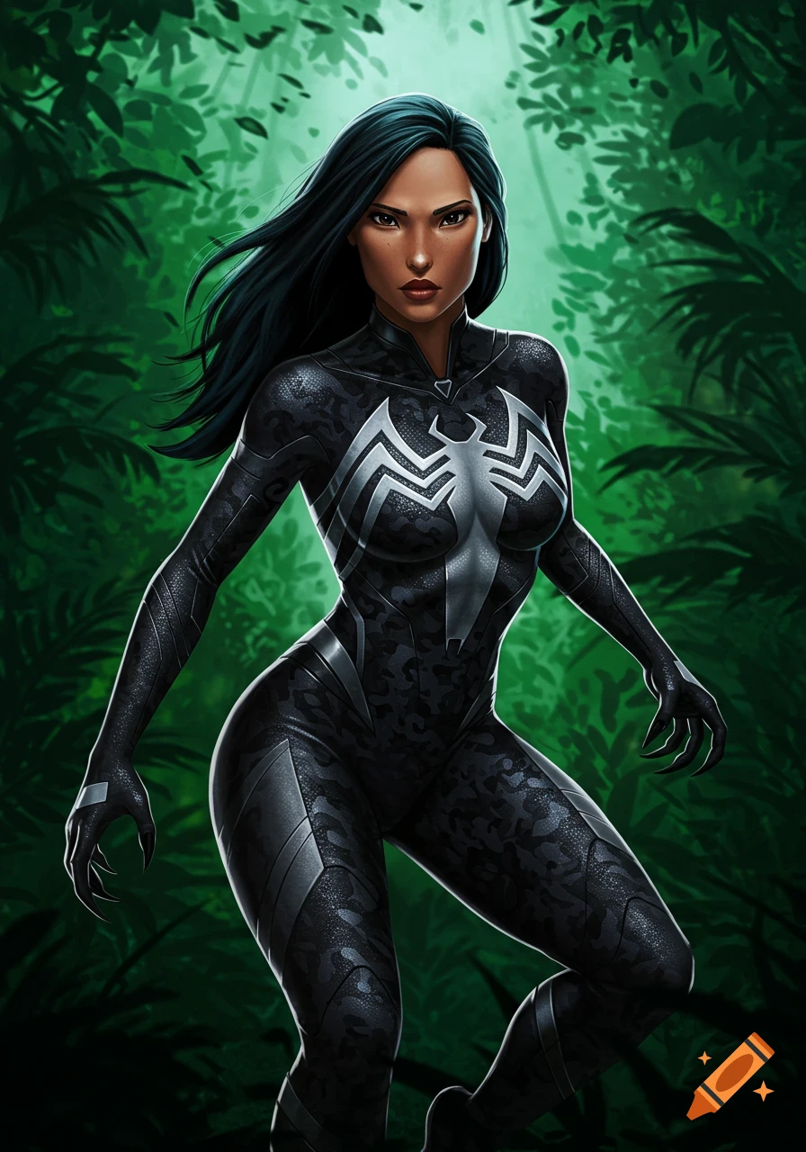 A woman with dark hair in a black and silver Venom suit stands in a dark green jungle, comic book style.