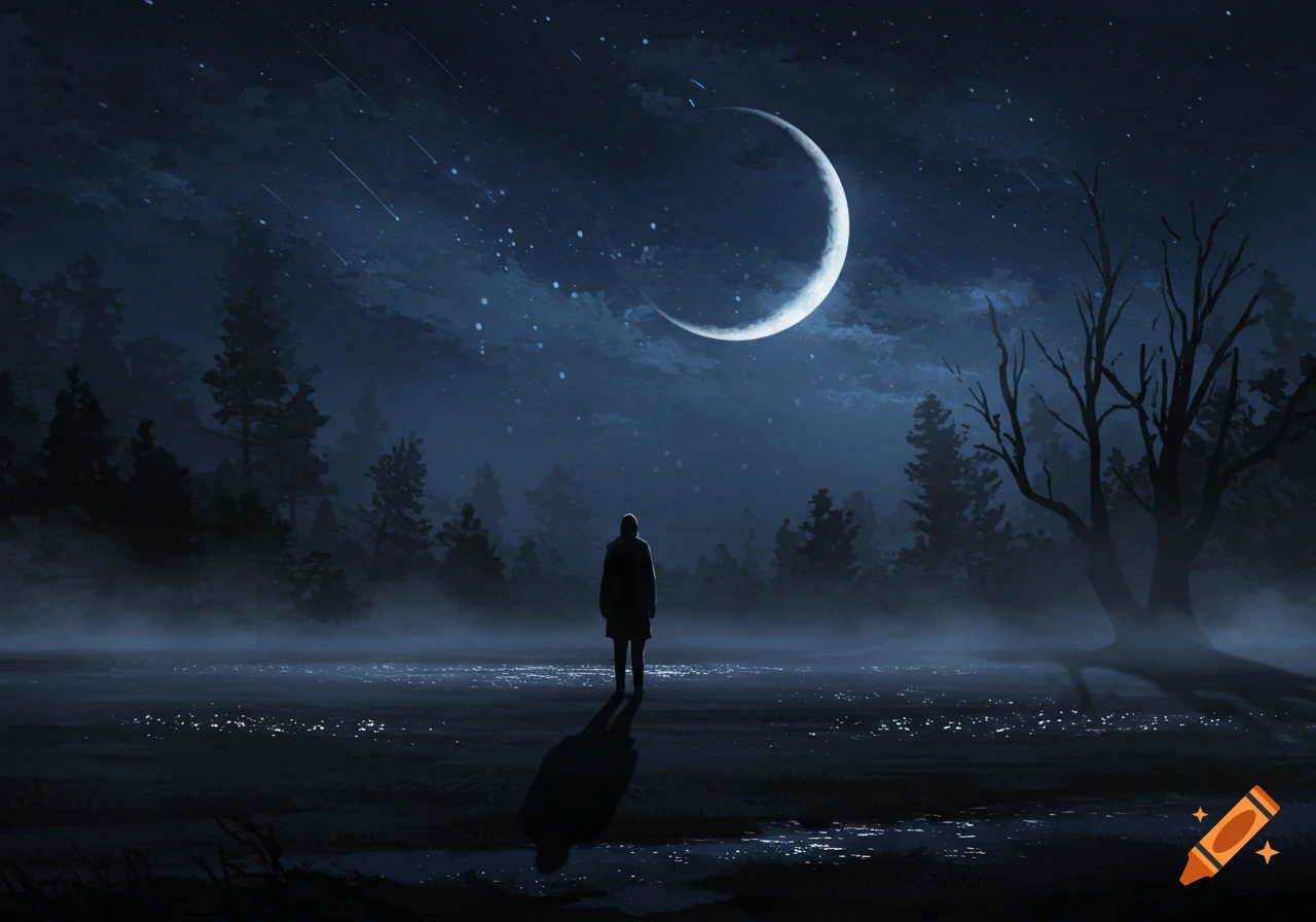 A lone figure stands in a dark, misty forest under a bright crescent moon and starry sky.