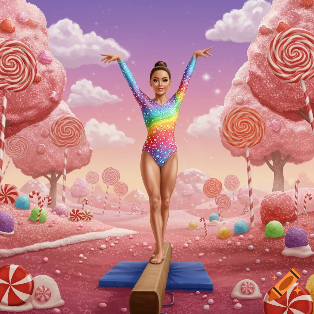 A female gymnast in a rainbow leotard balances on a beam in a fantastical candy land with lollipop trees and candy pieces.