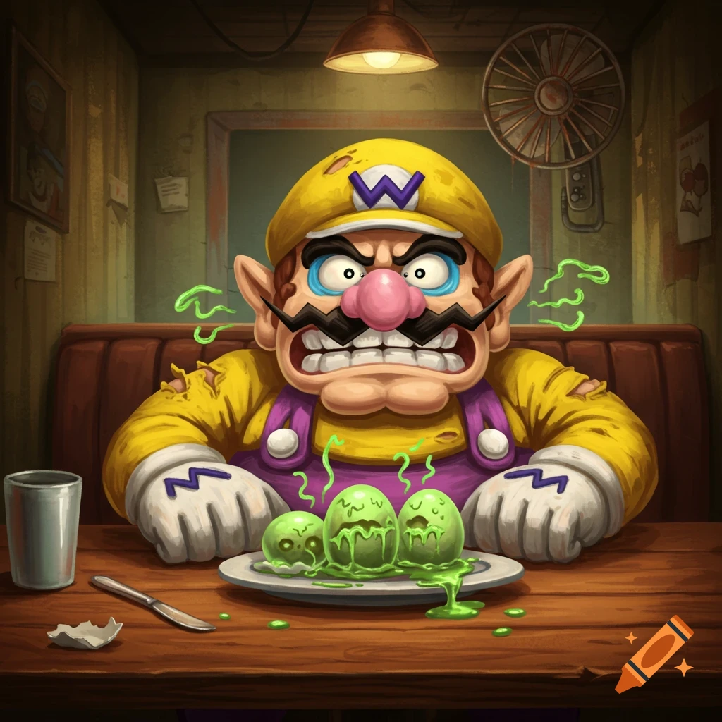 Wario sits at a diner table, looking disgusted at a plate of green, slimy rotten eggs in a cartoon style.