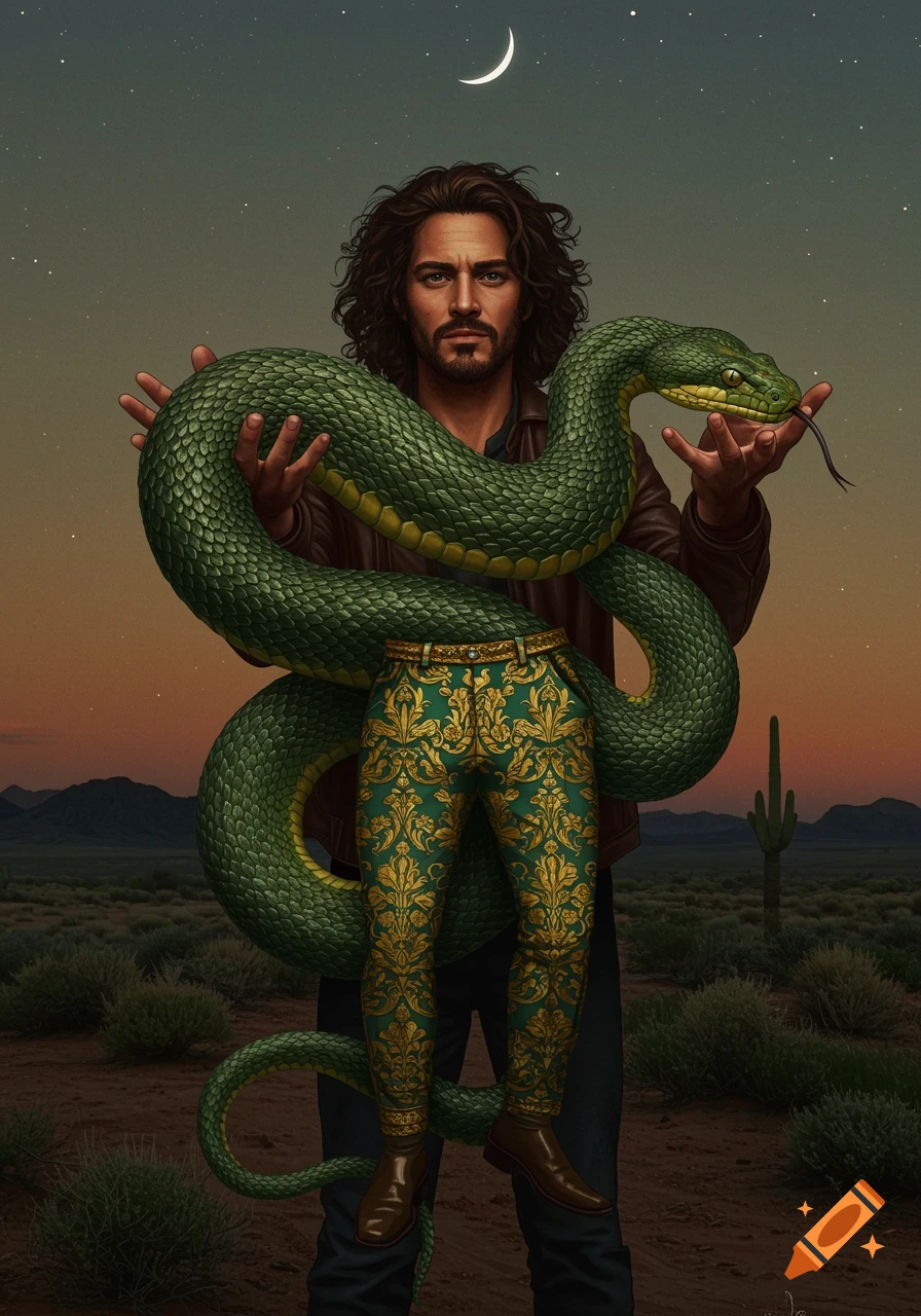 A man holding a large green snake with human legs in ornate trousers, in a desert at dusk under a crescent moon.