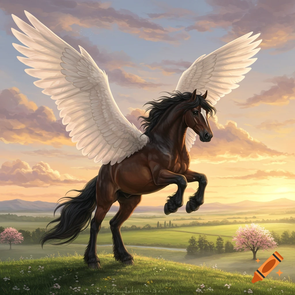 A majestic brown Pegasus with white wings rears up on a grassy hill overlooking a scenic valley at sunset.