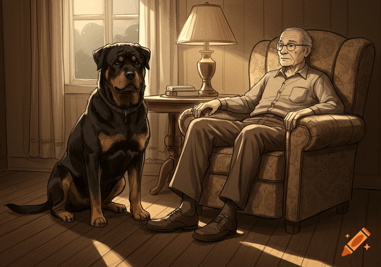 A sketch of an old man sitting in a recliner with a Rottweiler dog sitting at his feet.