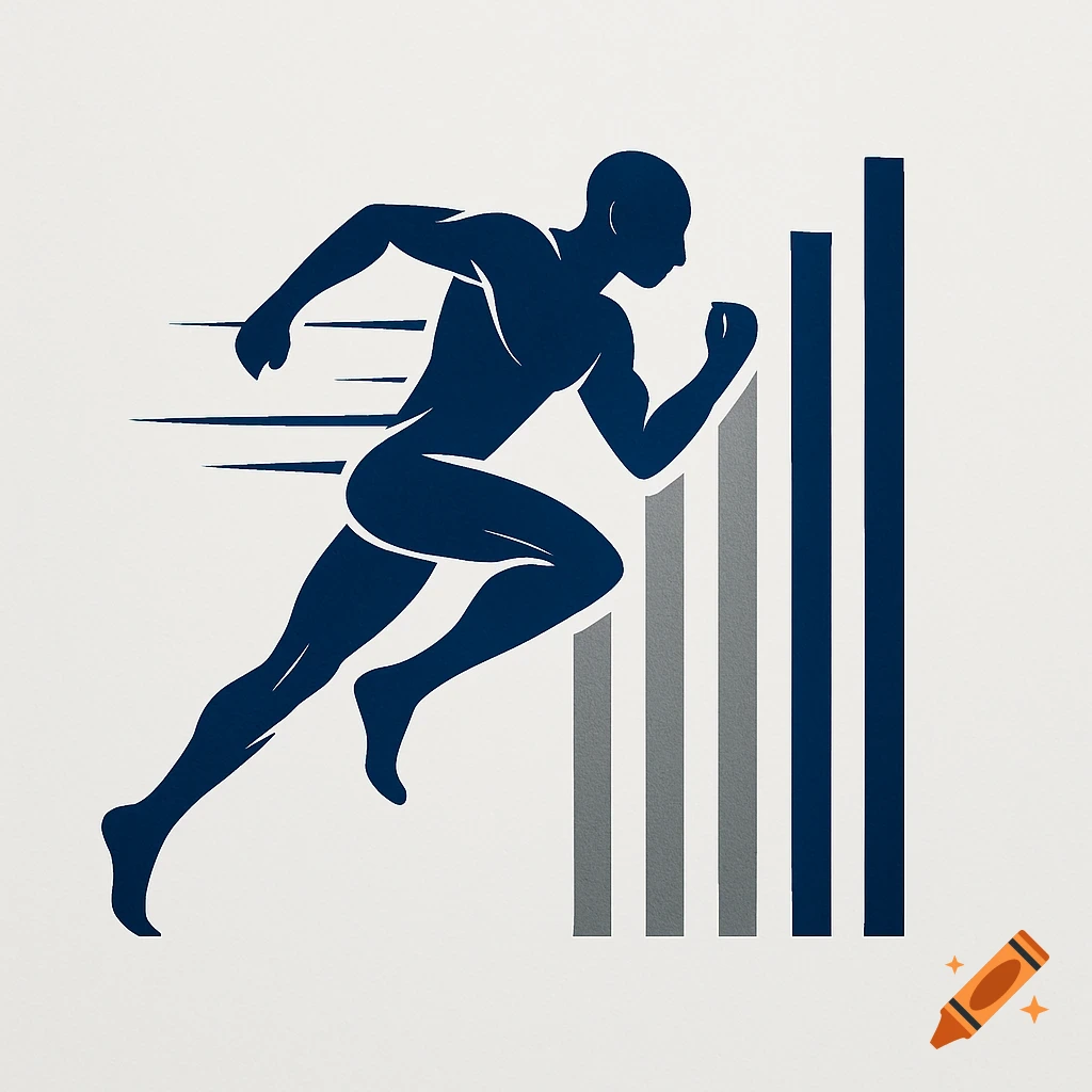 A dark blue silhouette of a runner in motion, with light and dark gray vertical bars behind them, on a white background.