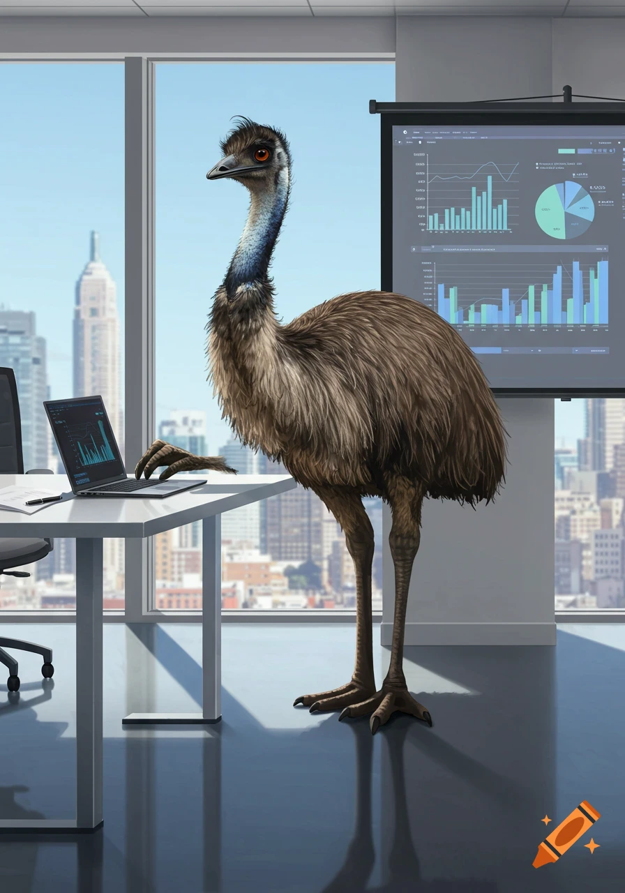 A large emu stands at an office desk, looking at a laptop and using one of its clawed feet to type. In the background, a large screen displays charts and graphs.