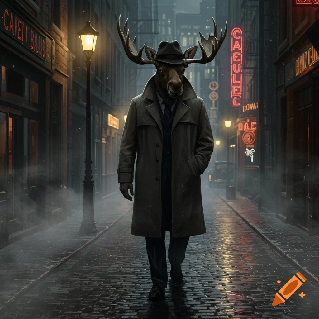 A moose in a fedora and trench coat walks down a misty, cobblestone city street at night, with neon signs glowing.