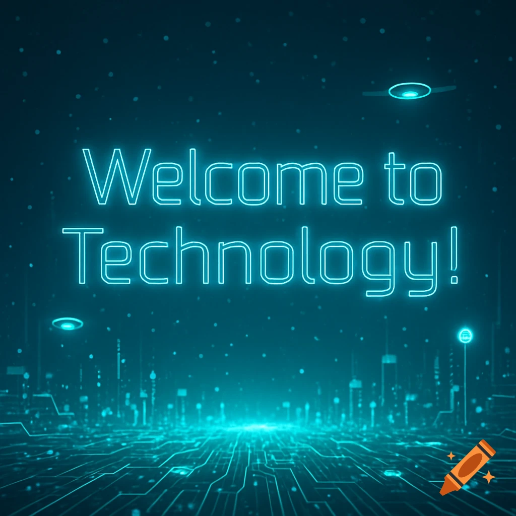 Neon blue 'Welcome to Technology!' text above a futuristic cityscape with glowing circuit board patterns.