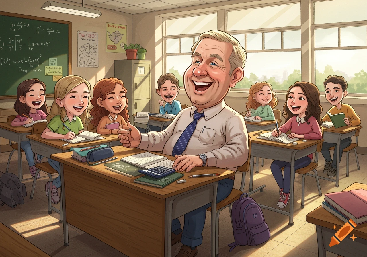 A caricature illustration of a smiling male teacher at his desk in a classroom, surrounded by smiling students.
