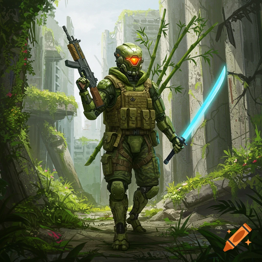 Green armored robot soldier with rifle and glowing sword in overgrown ruined city.