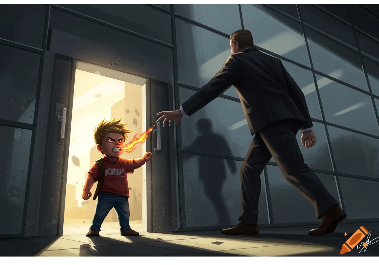 An angry cartoon boy with fire coming from his mouth stands defiantly in an office doorway, confronting a man in a suit.