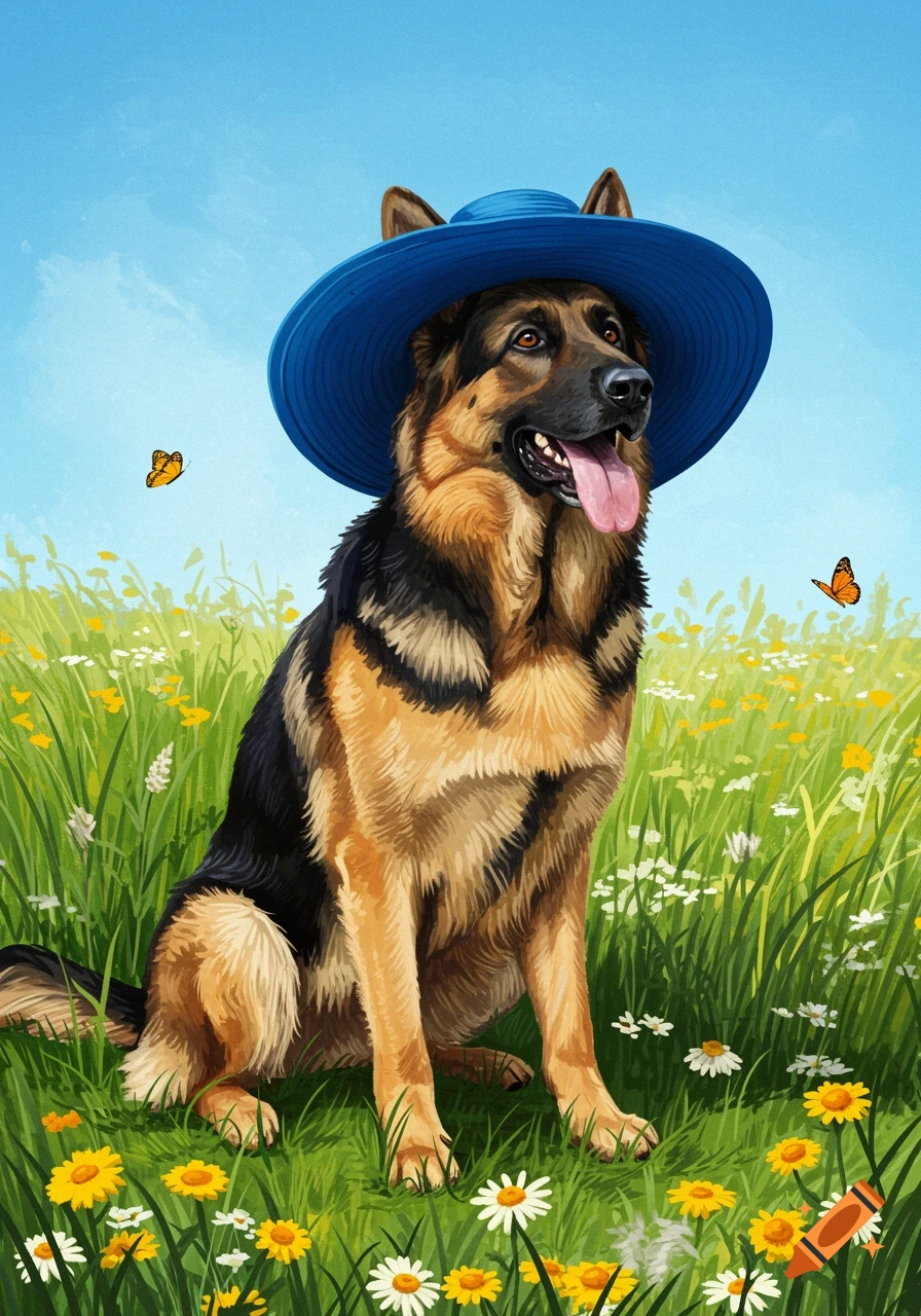 A happy German Shepherd dog wearing a blue hat sits in a field of colorful flowers under a blue sky, with butterflies nearby. Illustrated.