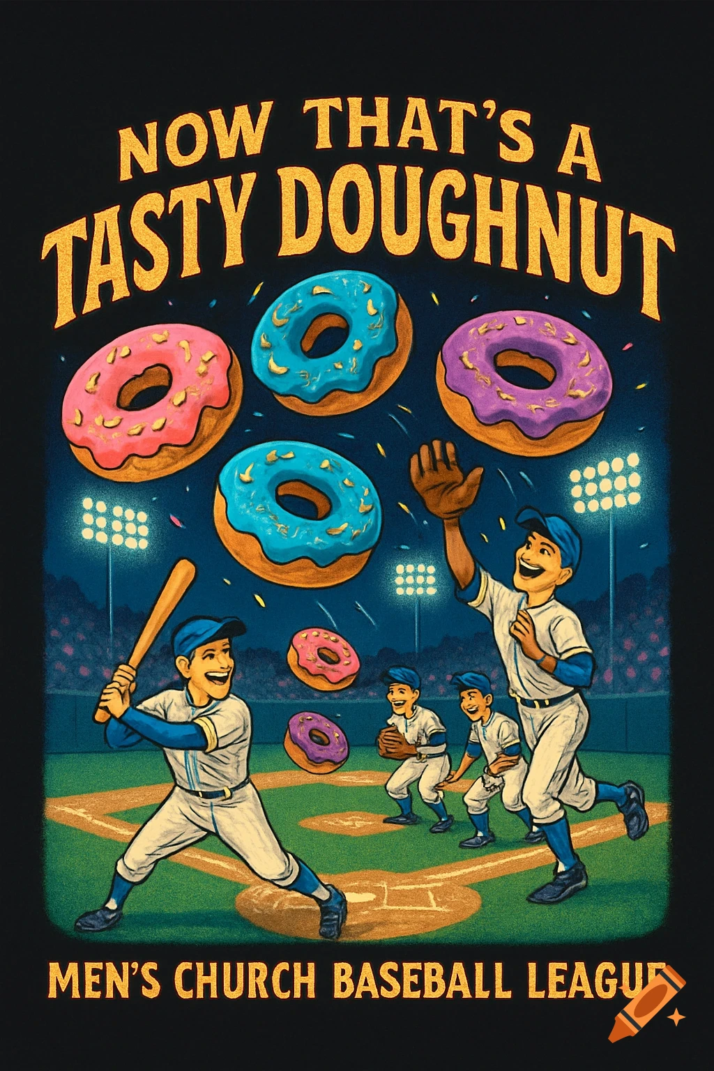 A cartoon illustration of baseball players on a field with large, colorful doughnuts floating above them. Text reads "NOW THAT'S A TASTY DOUGHNUT" and "MEN'S CHURCH BASEBALL LEAGUE".