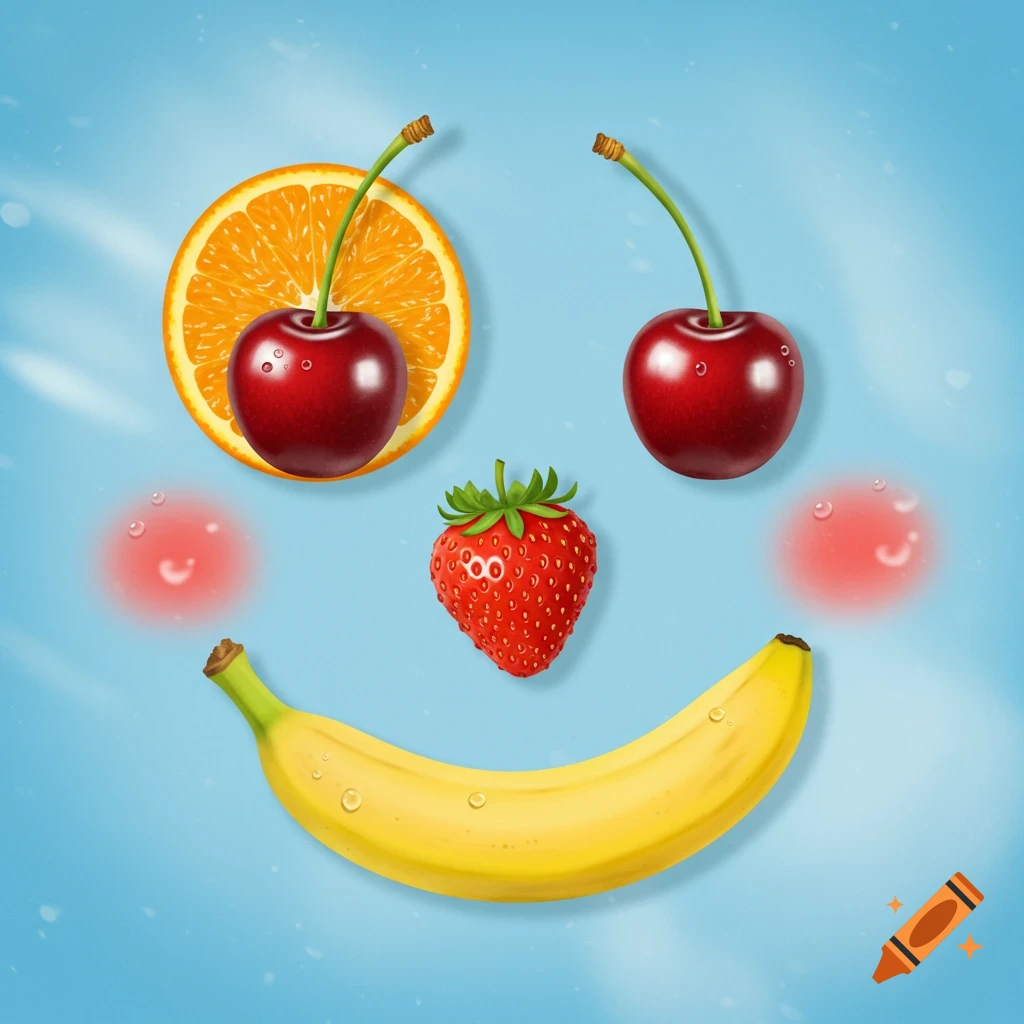 A smiling face formed by fruits on a blue background, with an orange slice and cherries for eyes, a strawberry nose, and a banana mouth.