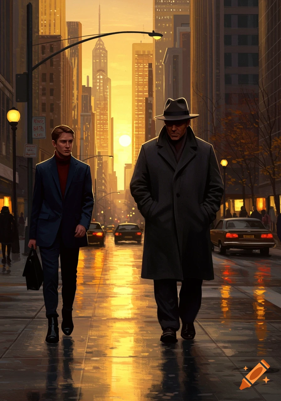 Two men walk on a wet city street at sunset, with tall buildings and cars in the background, in a painted style.