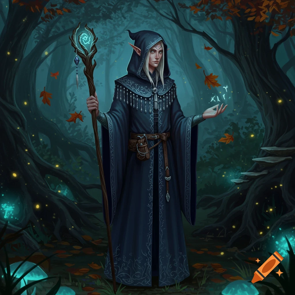 An elf wizard in a hooded cloak holds a glowing staff and casts a spell, with glowing runes, in a dark, mystical forest.
