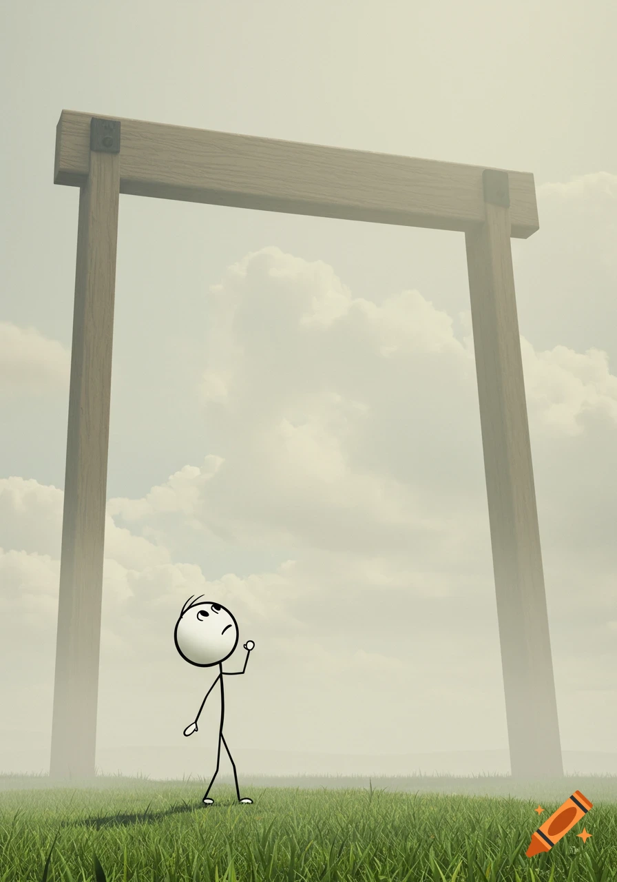 A stick figure stands in a green field, looking up at a very tall wooden hurdle or gate against a misty sky.