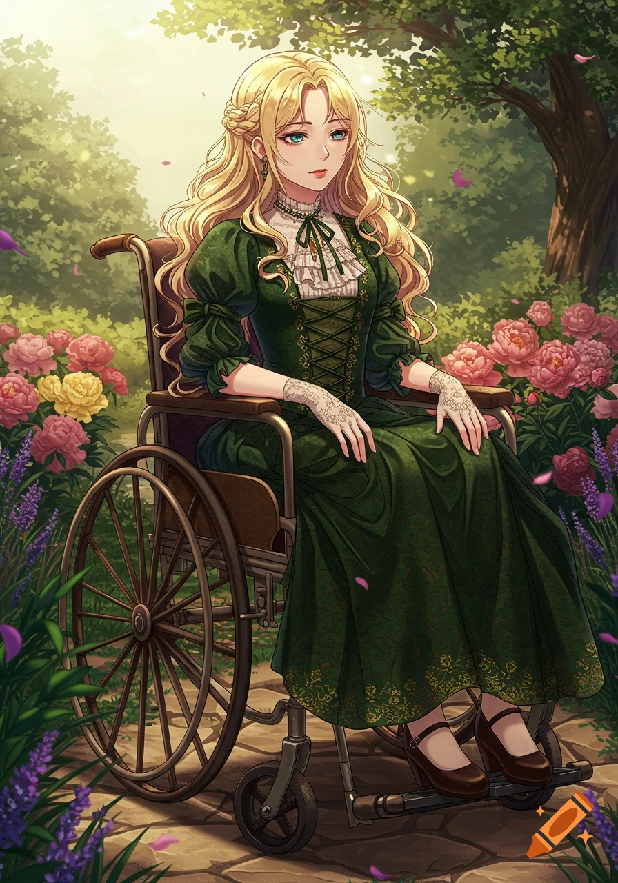 An anime girl with long blonde hair in a green historical dress sits in a wheelchair in a vibrant garden filled with flowers.