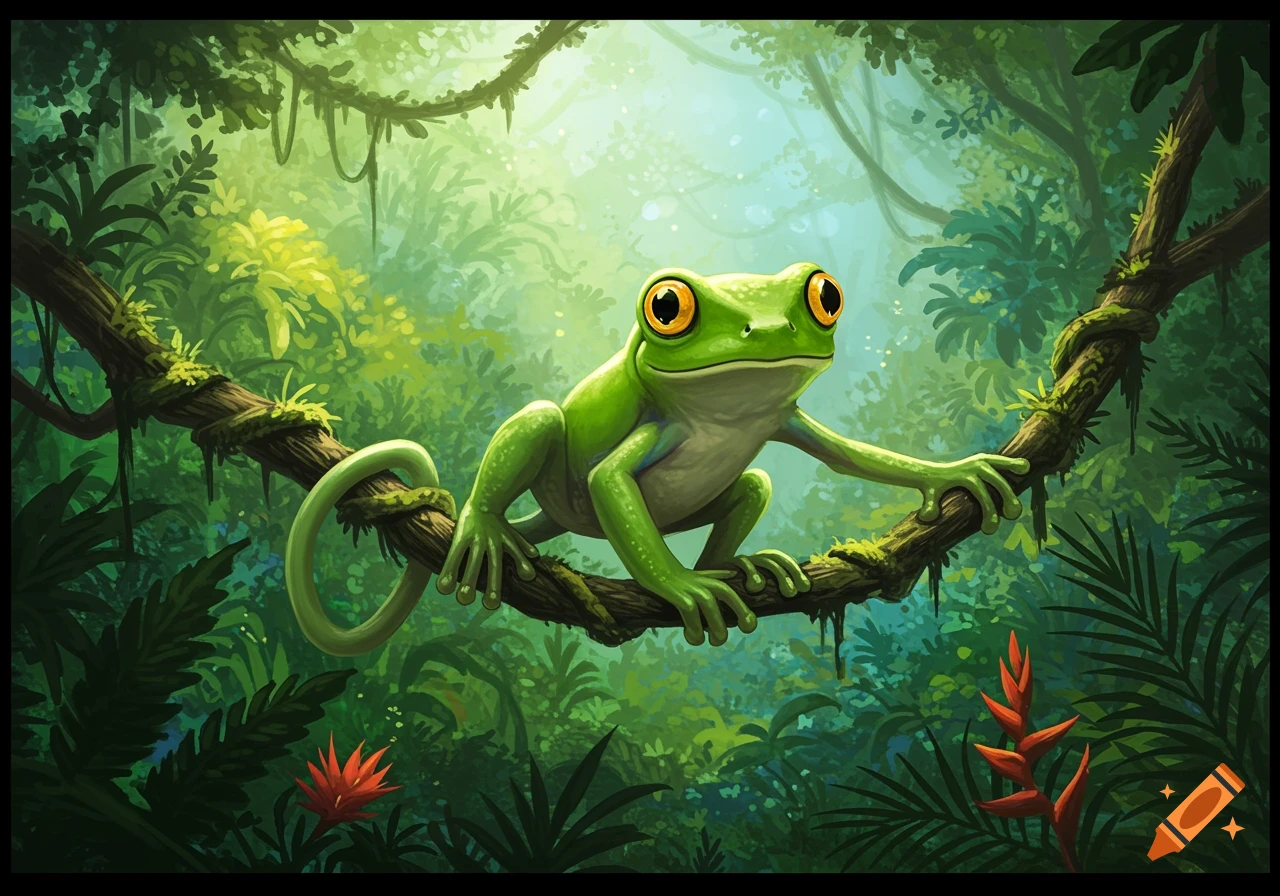 A bright green frog with large yellow eyes sits on a mossy vine in a lush, sunlit jungle, in a stylized digital art style.