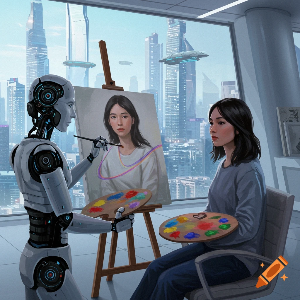 A robot paints a portrait of a woman in a futuristic high-rise studio with a city view and flying vehicles outside.