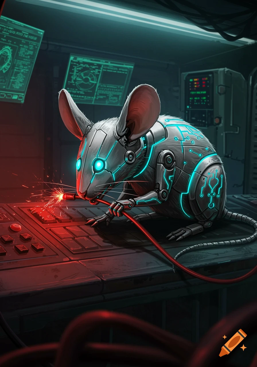 A detailed digital artwork of a glowing cybernetic mouse chewing a red wire with sparks flying in a dark, futuristic control room.