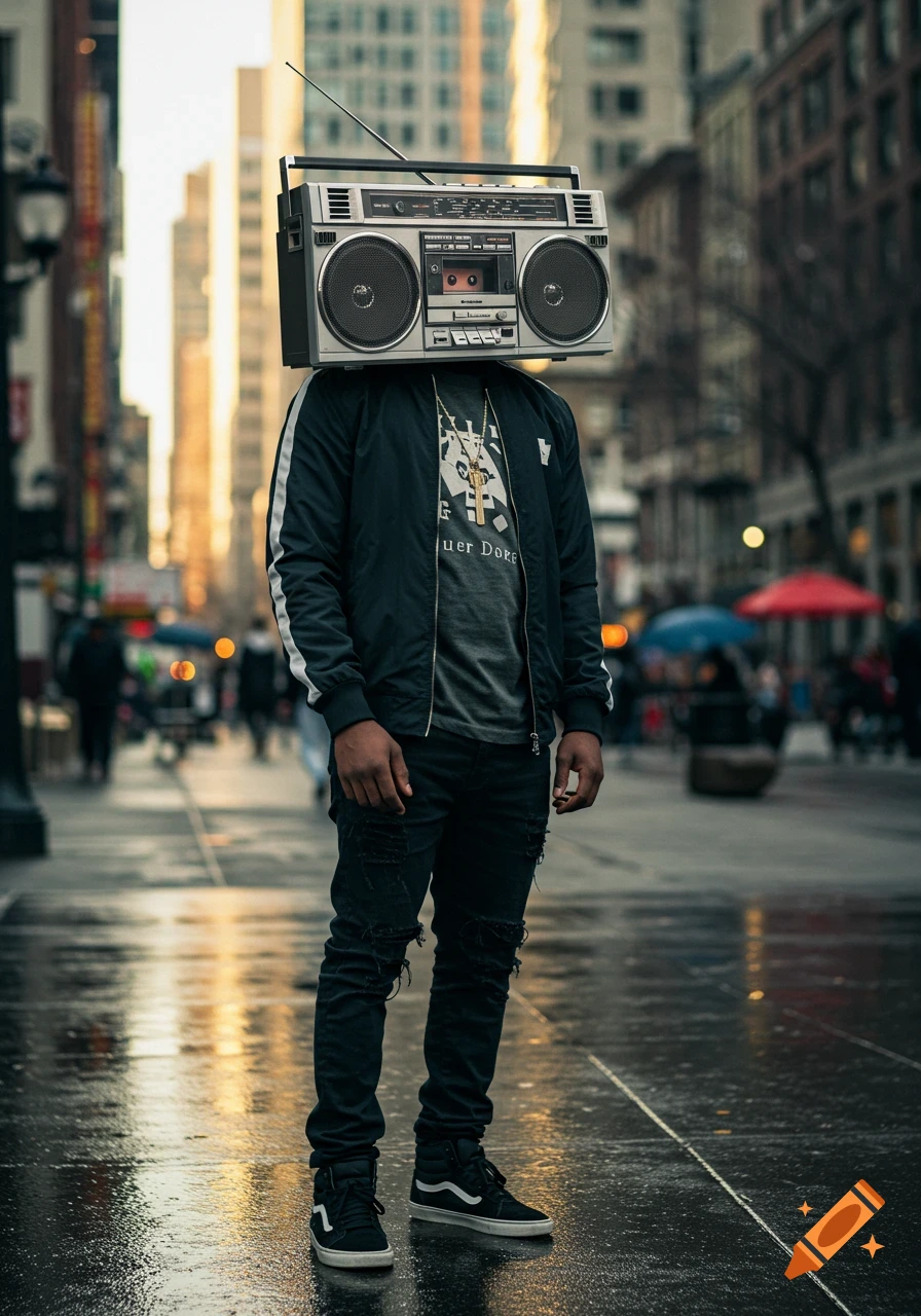 A hyper-realistic portrait of a Black American man in streetwear with a boombox for a head, standing on a wet urban street.