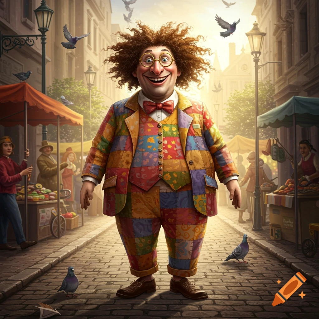 A goofy-looking man with wild hair and round glasses smiles widely, wearing a colorful patchwork suit in a bustling marketplace.