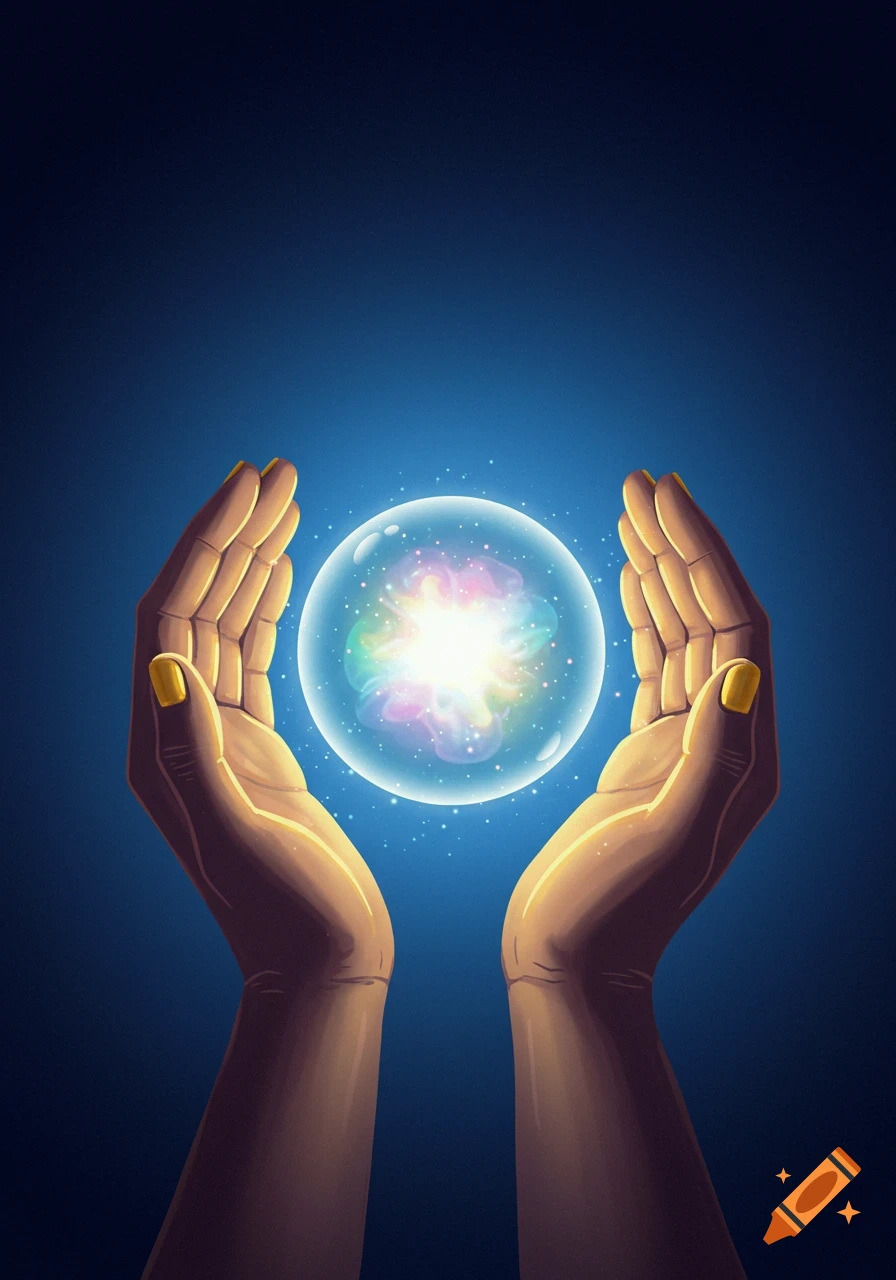 Two cupped hands with yellow nails hold a glowing, colorful energy orb against a dark blue background in a digital art style.