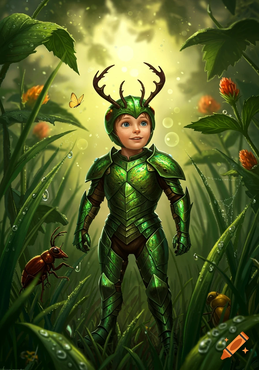 A child in detailed green bug armor with antlers stands in a vibrant, lush, overgrown garden among large grass blades, with a butterfly and beetles.