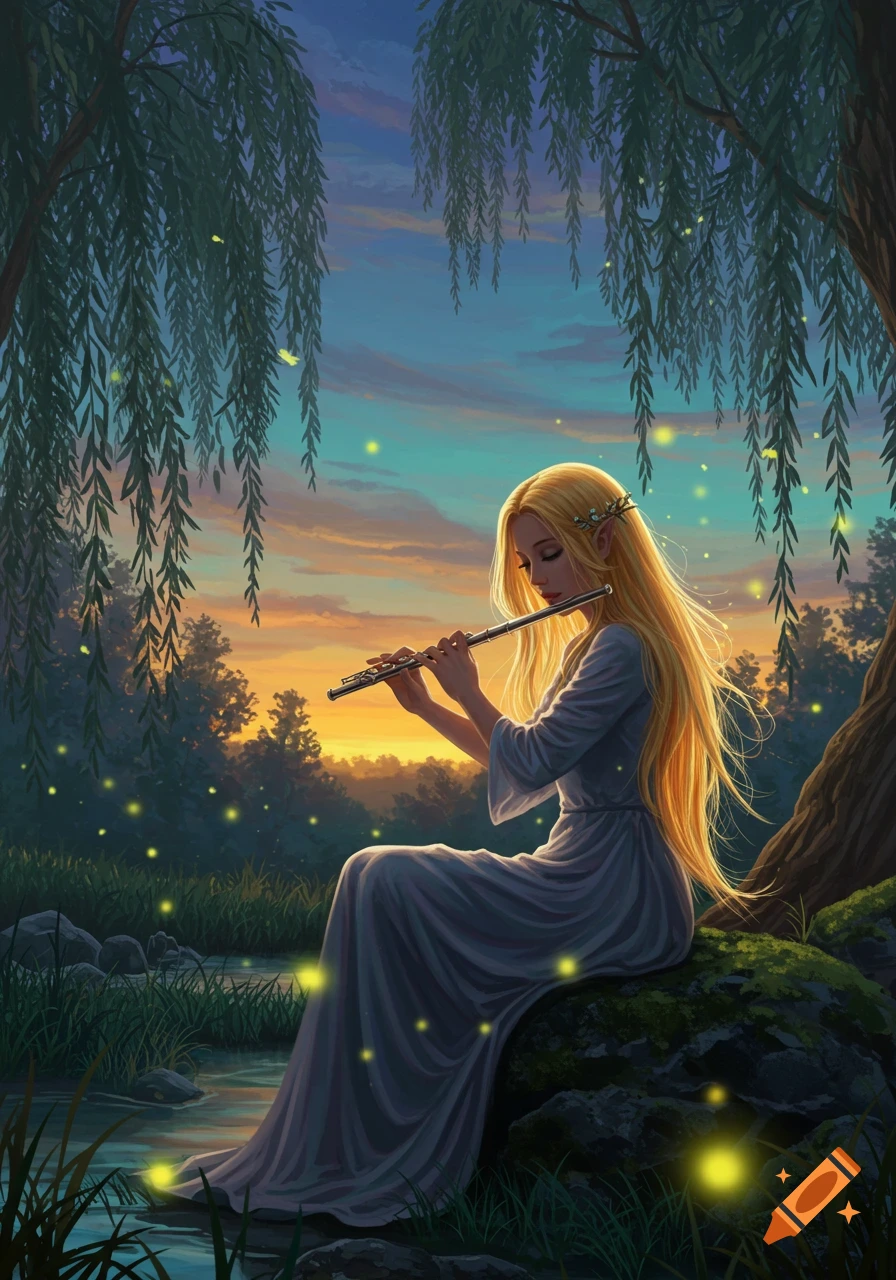 A blonde-haired woman in a white dress plays a flute by a stream under willow trees at sunset with fireflies.