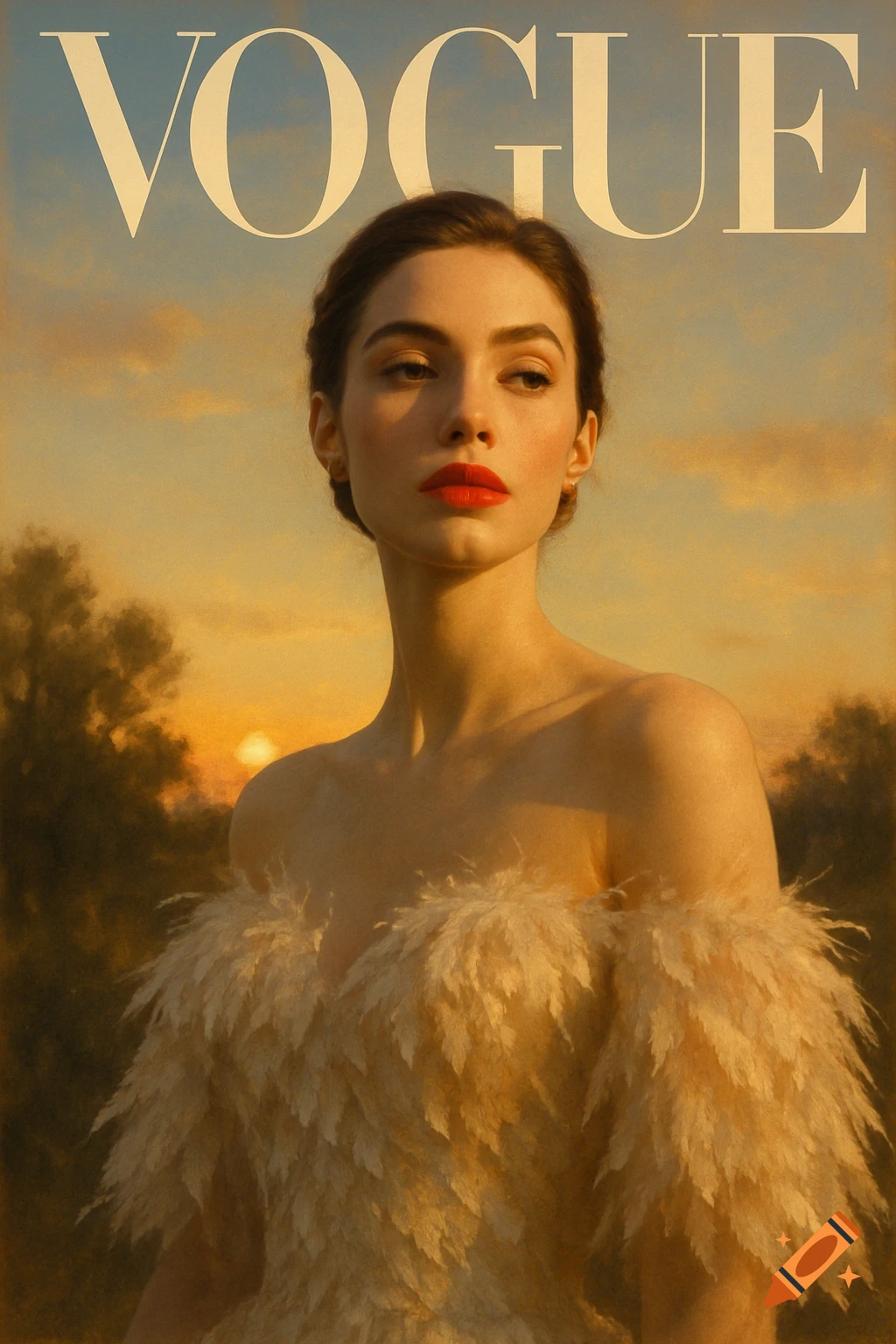A woman with red lips and a feathered top on a Vogue magazine cover, outdoors at sunset.