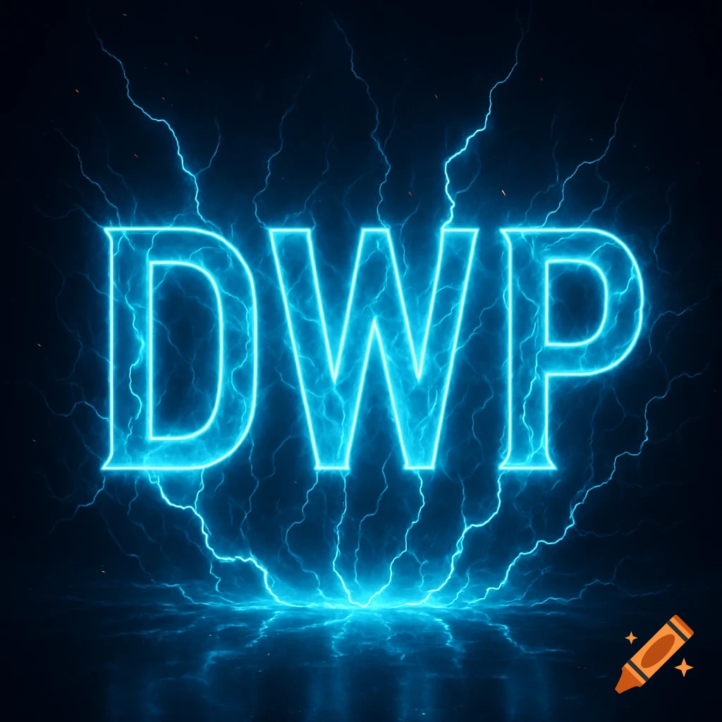 The letters DWP glow with bright blue light, surrounded by electric lightning bolts on a dark background.