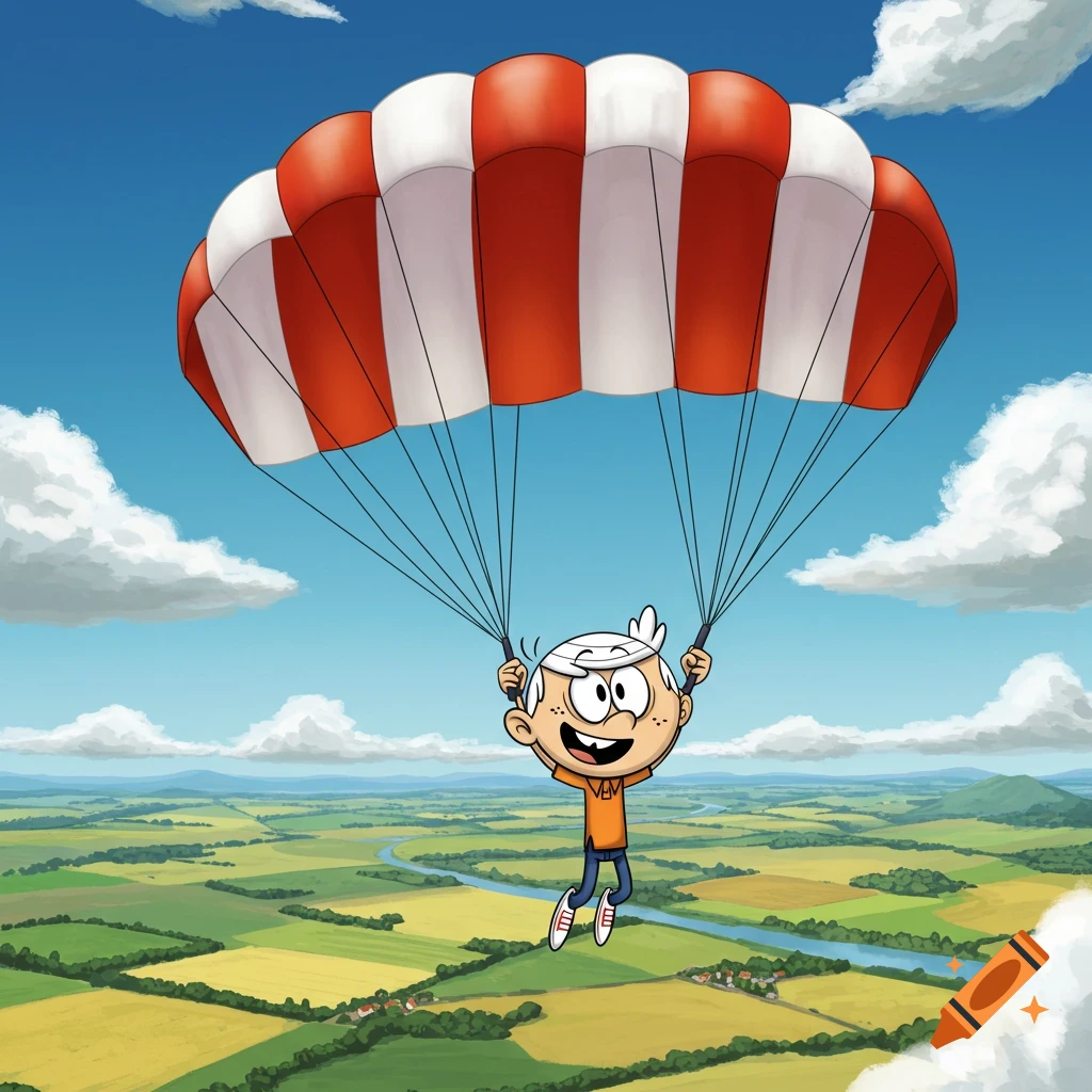 Cartoon character Lincoln Loud smiles while parachuting over a lush green landscape under a blue sky.